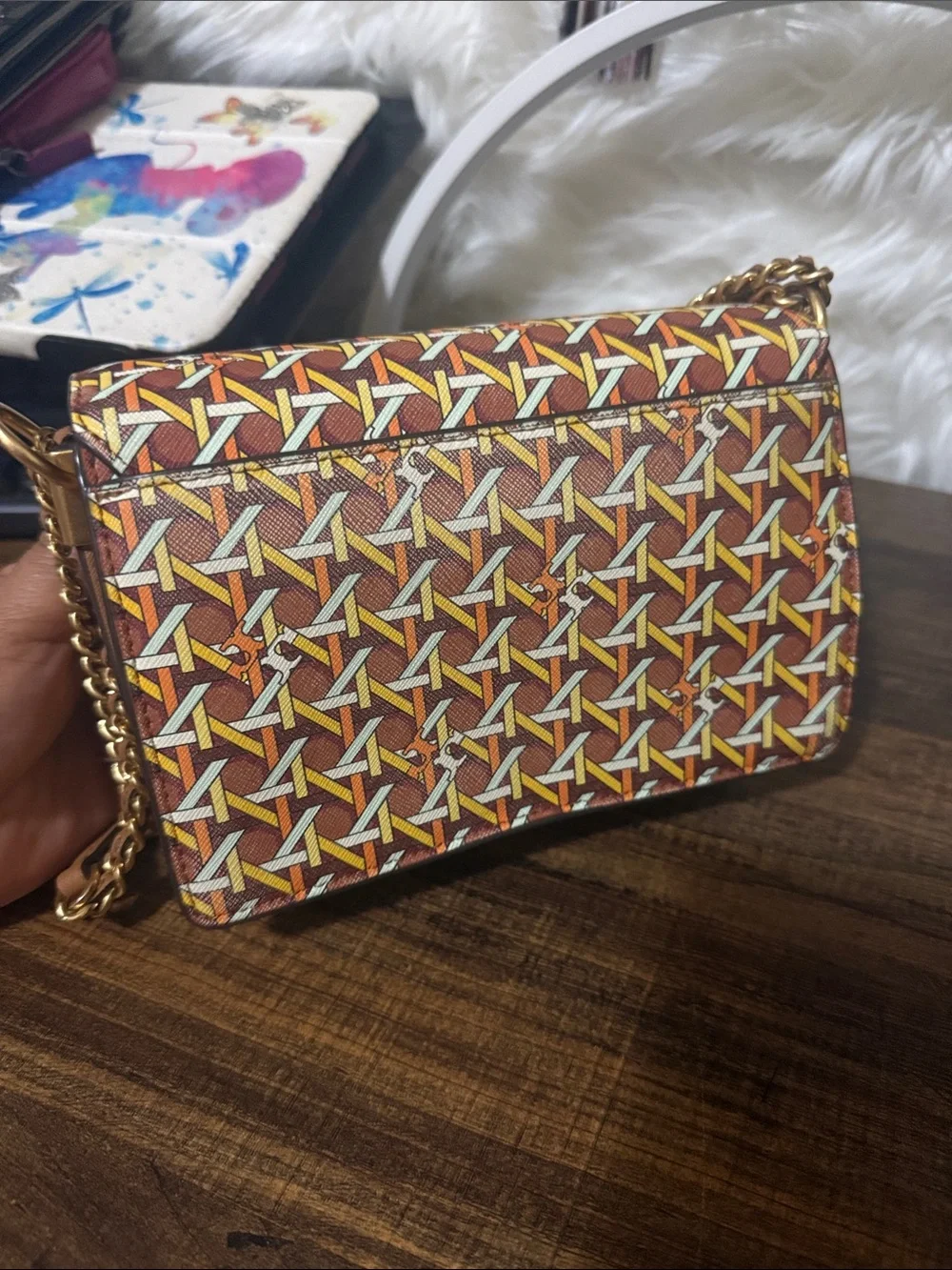 Tory Burch Geometric Print Chain Crossbody in Brown and Yellow
